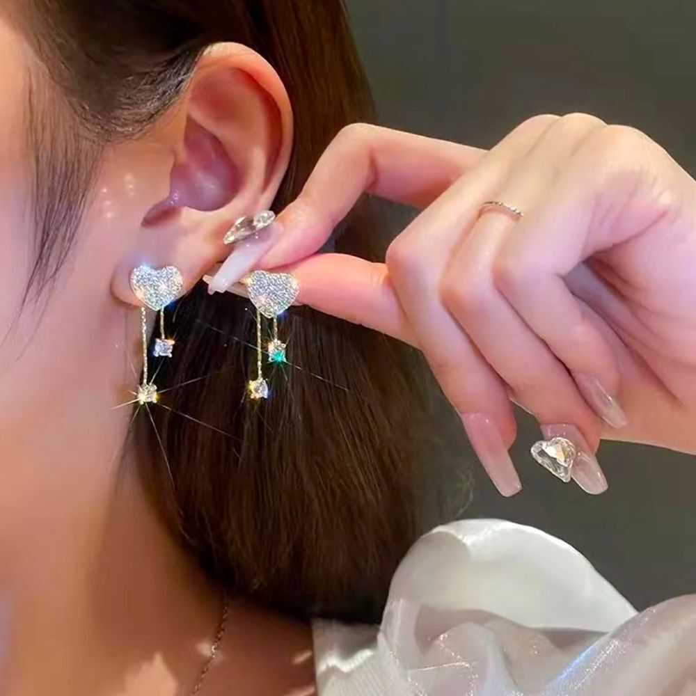 Gorgeous Sparkly Asymmetric Full Zircon Heart Shaped Tassel Earrings​‎